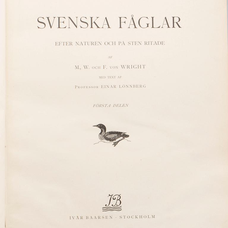 BOKVERK, 2 volymer, "Svenska fåglar",  M.W. & F von Wright. Stockholm, 1924.