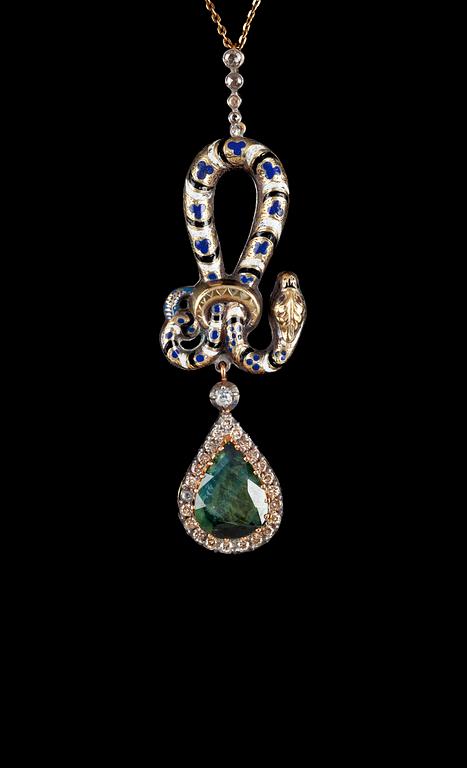 A diamond, sapphire and enamel pendant.