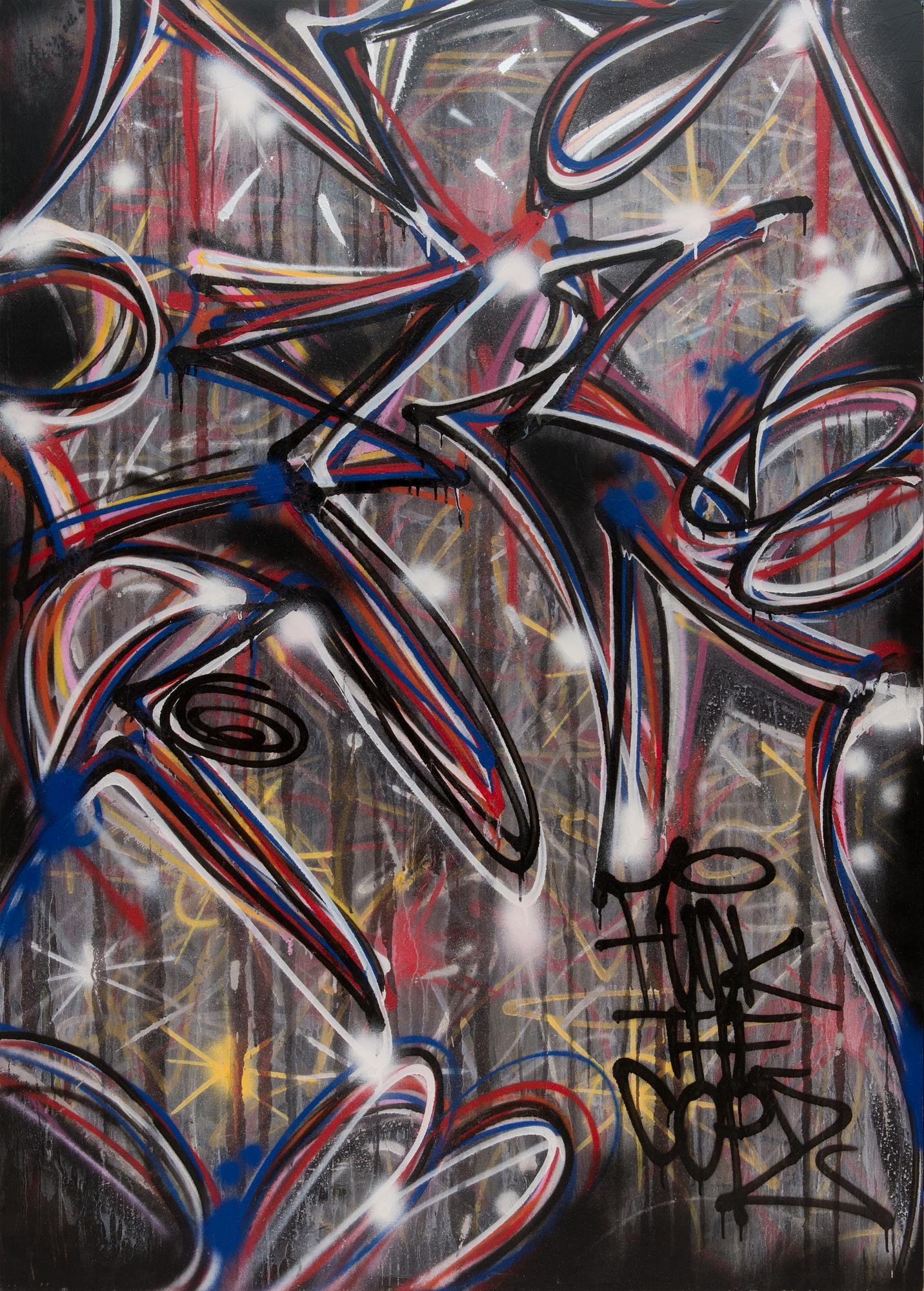 Trama, mixed media and spray paint on board, a tergo signed.