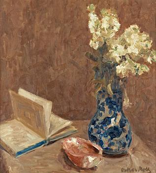 Oskar Moll, Still life with a book and flowers.