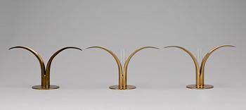 LJUSSTAKAR, 3 st, mässing, "Liljan", Ivar Ålenius-Björk, Ystad metall, 1900-talets mitt.