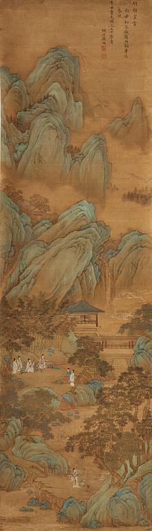 A hanging scroll of figures in a landscape, presumably by a female artist (Yinhu from Tongjin), Qing dynasty(1644-1912).