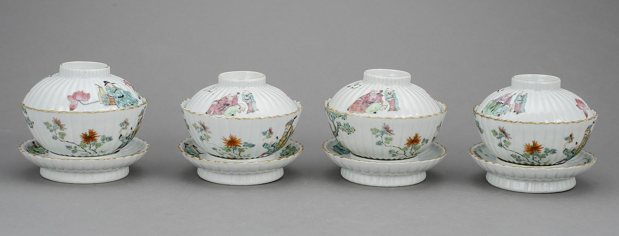 KOPPAR MED LOCK OCH FAT, 4 st, porslin, Kina, 1900-talets början.