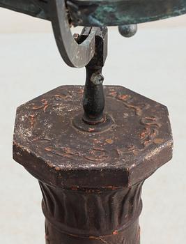 A Johannes Dahl copper and black lacquered cast iron sundial on column, Näfveqvarns Bruk.