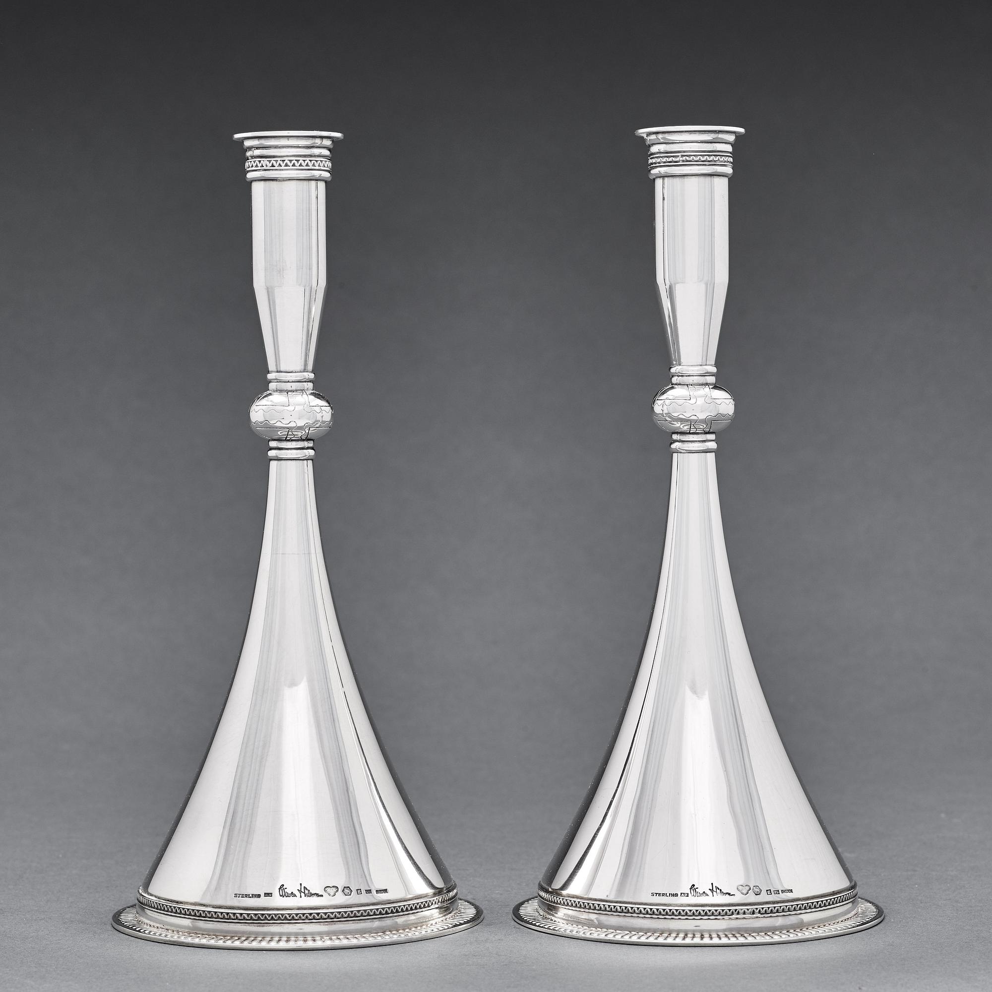 Wiwen Nilsson, ljusstakar, 2 stycken, Lund 1956-57, bysantinska modellen, sterling.