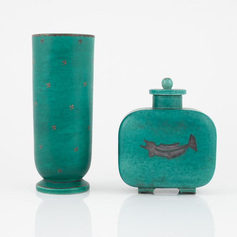 Wilhelm Kåge, a stoneware vase and a green vase with lid, 'Argenta', Gustavsberg.