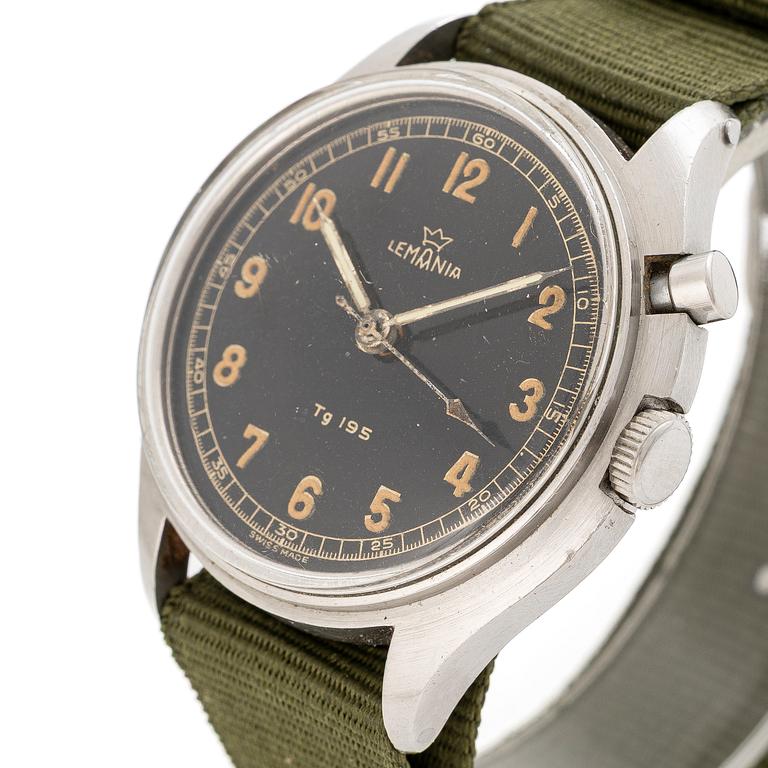 Lemania, Tg 195, "Three Crowns", chronograph, wristwatch, 40 mm.