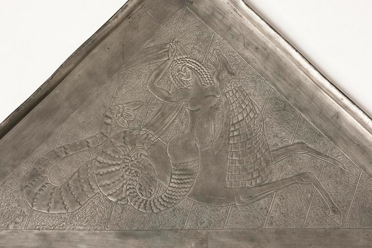 Anna Petrus, a rare pewter and brass tray, executed in her studio, Stockholm, ca. 1922–24.