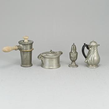 A pewter butter box, chocolate pot, sugar shaker and a canteen, one P Norén Hedemora 1766.