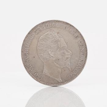 SILVERMYNT, 1 riksdaler, Oscar I, 1856. Ca 35 gram.