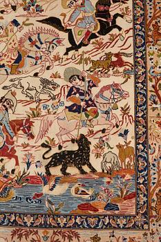 Matto, semi-antique/Old Esfahan figural, signed, ca 154,5 x 106,5 cm ( ca 2,5-3,5 cm flat weave at the ends).