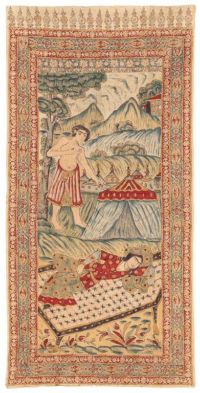 A pictoral painted textile panel (Kalamkari),  Isfahan, late Qajar dynasty (1789-1925), c. 242 x 119 cm.