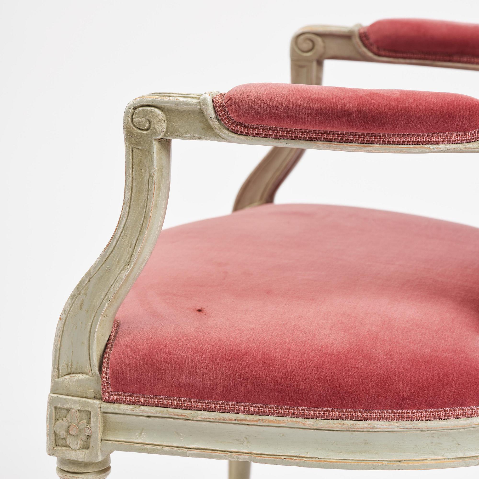 A Gustavian open armchair by J. Malmsten (master in Stockholm 1780-88).