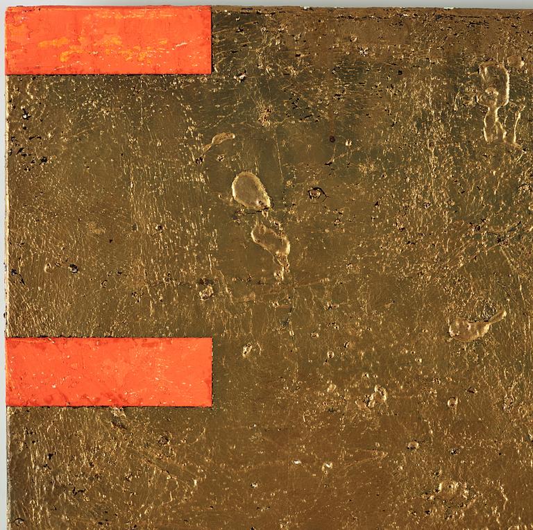 Gordon Hart, signed and dated 1984 on verso. Diptych. Gesso, silver leaf and metal leaf on panel.