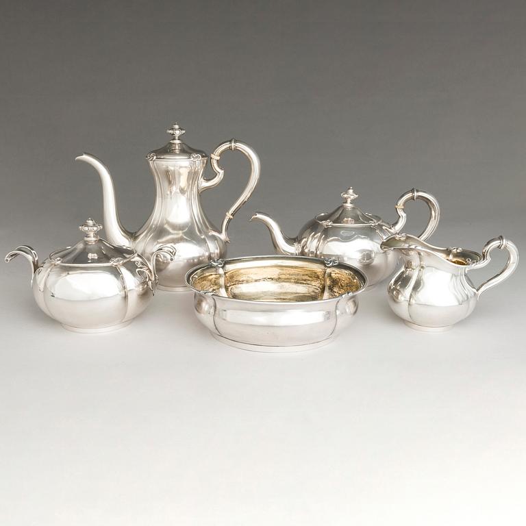 SAZIKOV, A 5-piece silver coffee and tea set, mark of the Sazikov Firm, Imperial Warrant, Saint Petersburg 1860.