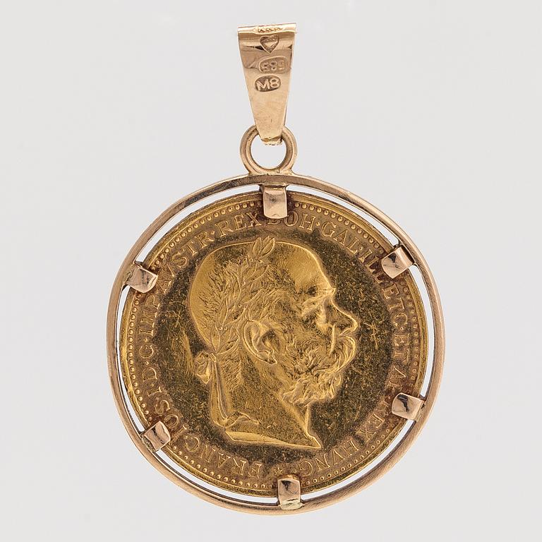 A ca 21K (.900) and 14K gold coin pendant, Franz Joseph I, Austria-Hungary, 1895. 20 Corona.