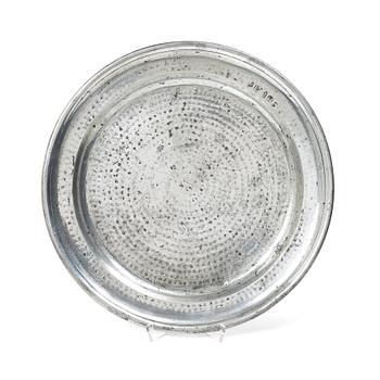 A silvered pewter charger by E. M. Hammarstrand, Falun 1776.