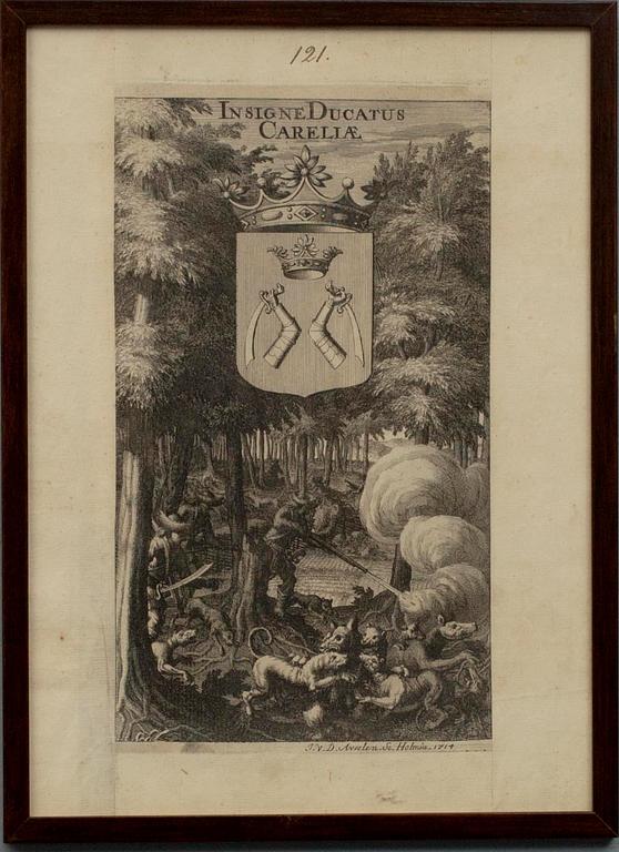 KOPPARSTICK, 3 st, 1700-talets början J.v.d. Aveelen. Ur "Suecia antiqua et hodierna".