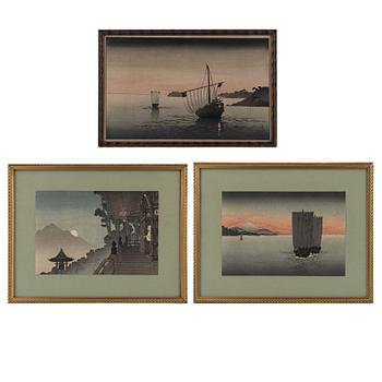 Shoda Koho, three colour woodblock prints, Japan, 20th century.