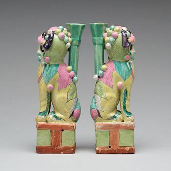 A pair of famille rose joss stick holders, Qing dynasty, circa 1800.