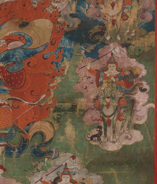 A Mongolian thangka depicting the nine Drala brothers, 19th century.