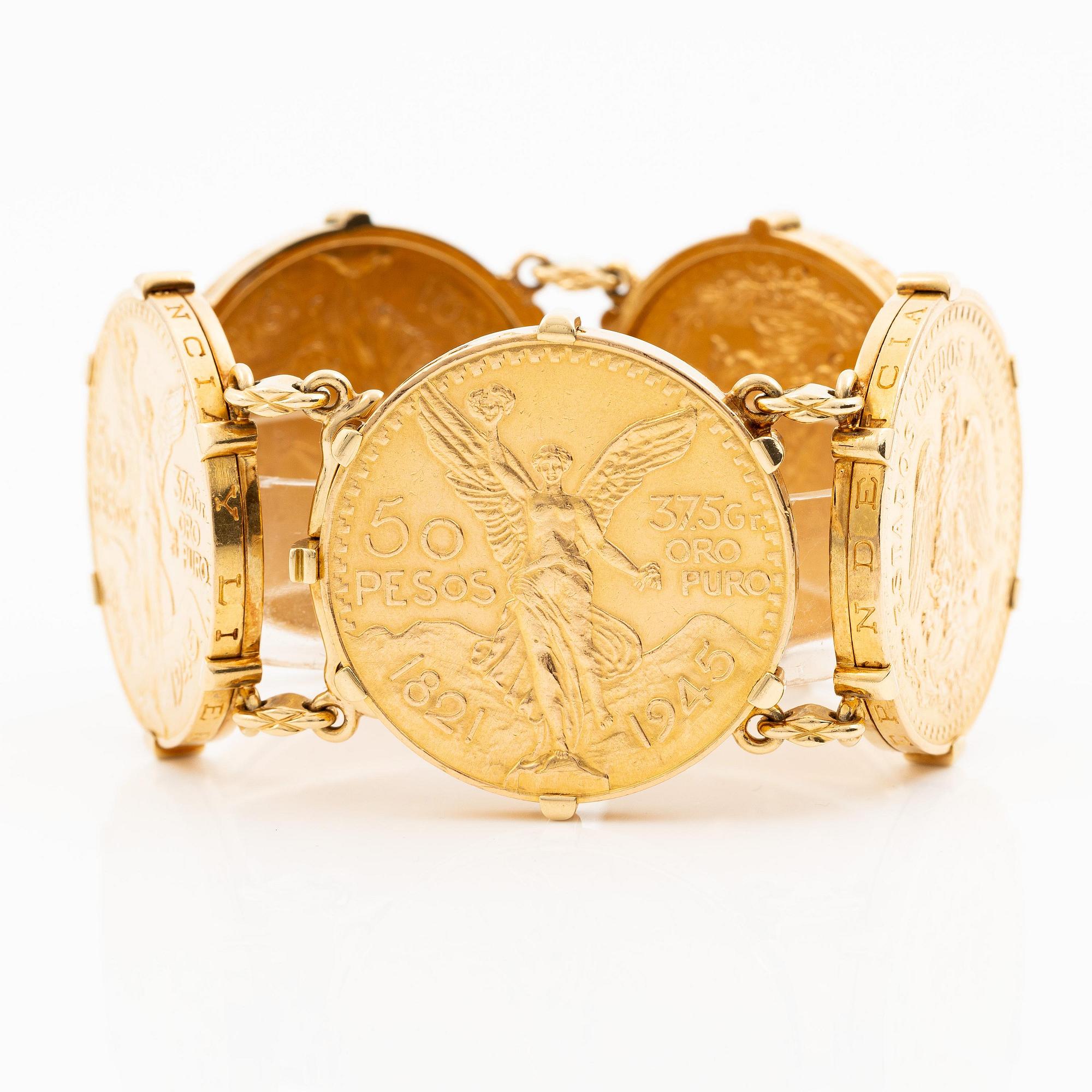 A bracelet gold set with mexican gold coins.