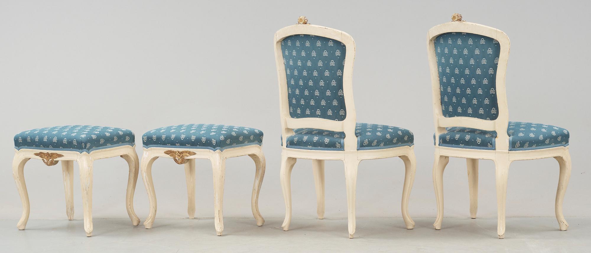 SOFFGRUPP, 7 delar, rokokostil, omkring 1900.