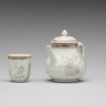 A grisaille and gold tea pot with cover and cup, Qing dynasty, Yongzheng (1723-35).