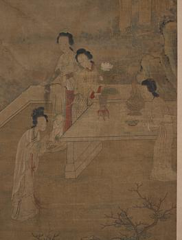 Gu Jianlong, In the manner of the artist, Elegant ladies of the court with antiques and precious objects in a garden.