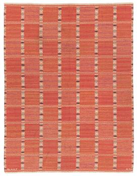 186. Barbro Nilsson, a carpet, "Falurutan, röd Borås" flat weave, c 246 x 187 cm, signed AB MMF BN.