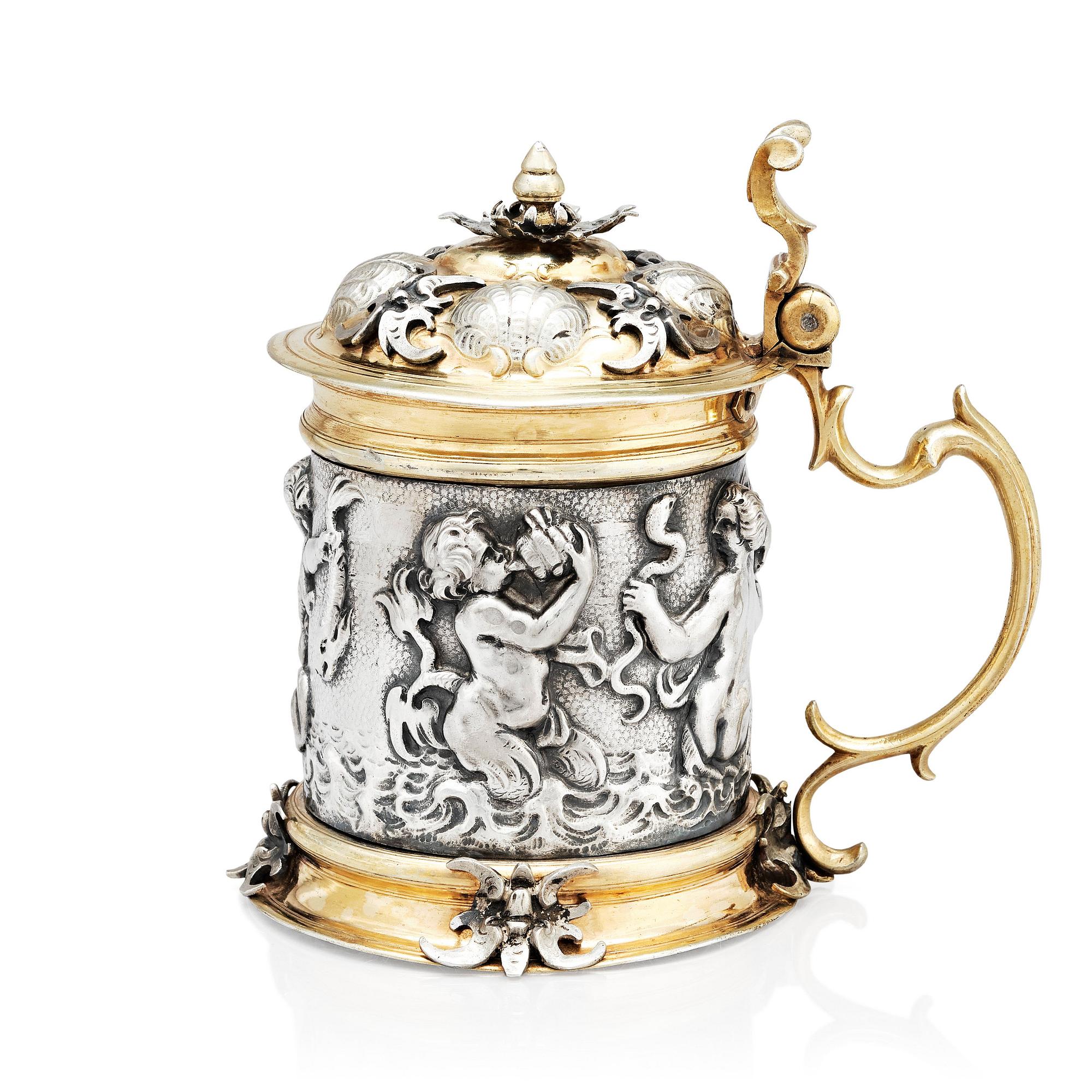 A German 17th century parcel-gilt silver tankard, mark of David Schwestermüller I, Augsburg 1634-1635.