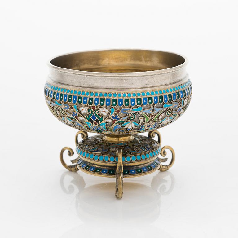 Ovchinnikov, a footed cloisonné enamel parcel-gilt bowl, Imperial warrant mark, Moscow 1896.