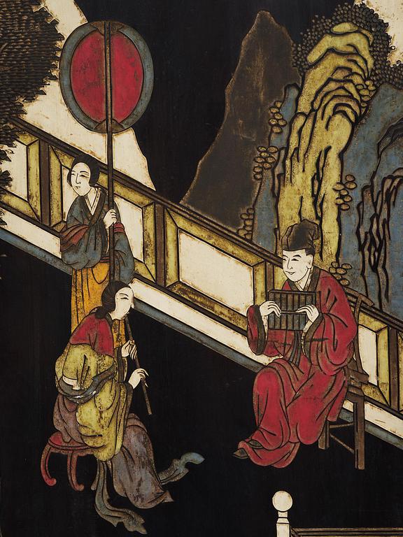 A Chinese four panel lacquer folding screen, first part of the 20th century.