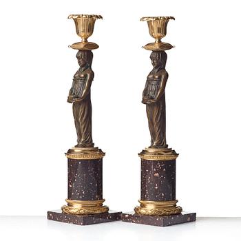 A pair of late Gustavian circa 1800 porphyry and gilt and patinated bronze candlesticks.