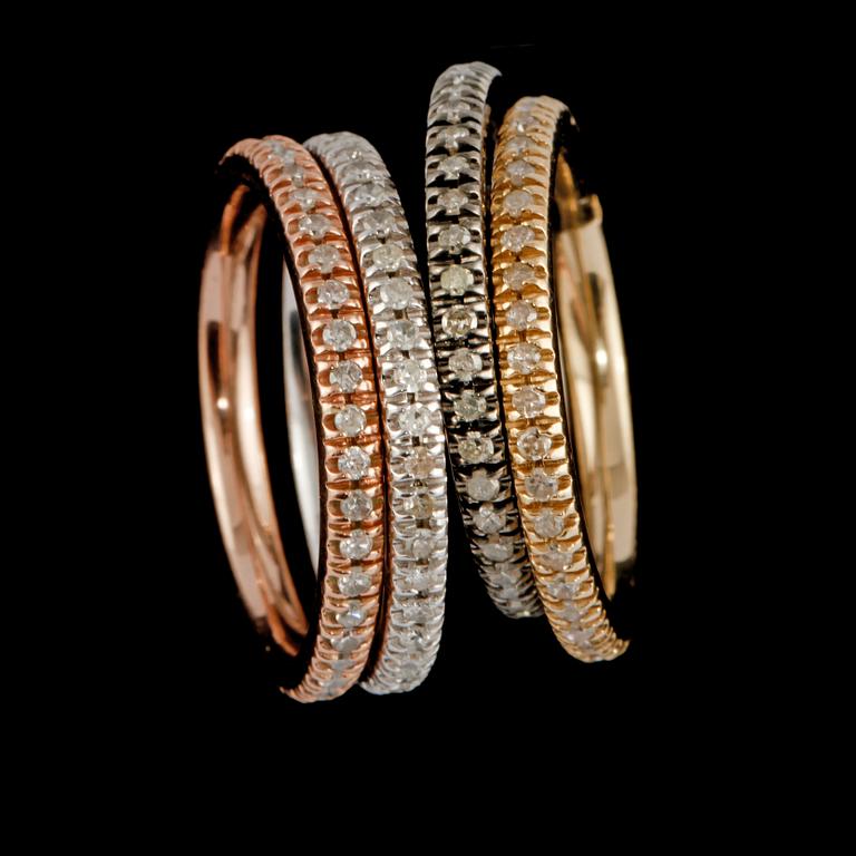 RINGAR, 4 st, 9K olikfärgat guld med briljantslipade diamanter 1.20 ct. Vikt 8,3 gram.