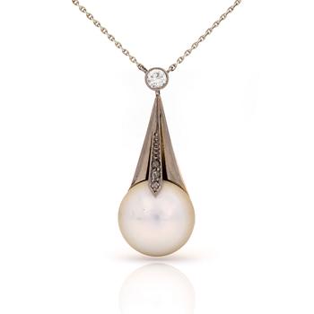 A pendant and chain with probably a riverwater pearl, rose and old-cut diamonds.