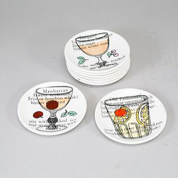 PIERO FORNASETTI, glasunderlägg, 8 st, flintgods, Milano, Italien.
