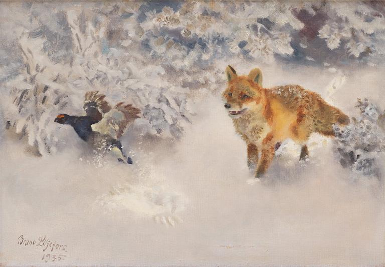 Bruno Liljefors, Winter landscape with fox and black grouse.