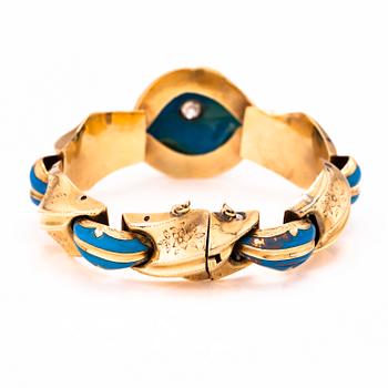 ARMBAND, guld, emalj, gammalslipad diamant och rosenslipade diamanter tot ca 0.4 ct. Ryssland 1800-tal.