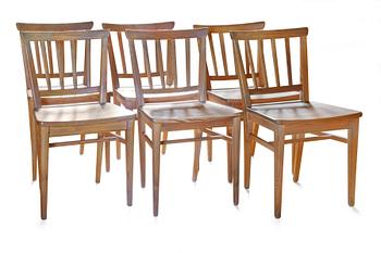 5. A SET OF SIX PINE DINNER CHAIRS,