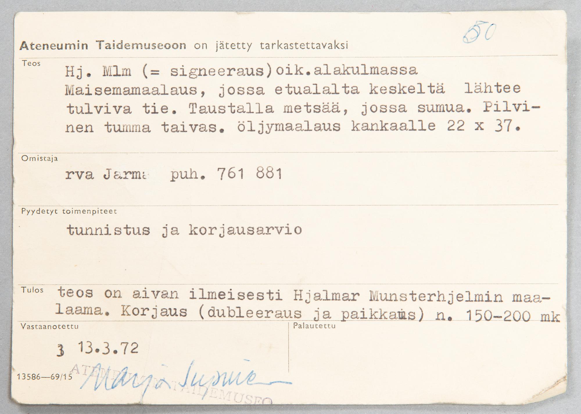 Hjalmar Munsterhjelm, olja på duk, signerad.