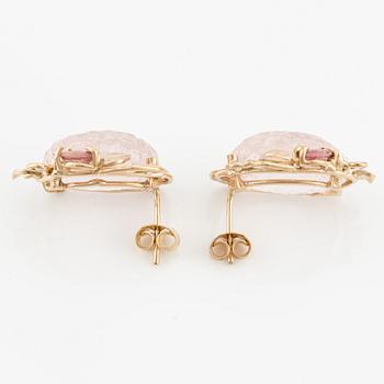 Earrings "honey comb" with cut rose quartz, pink tourmaline, and brilliant-cut diamonds.