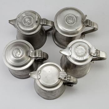 A Swedish pewter lidded porridge bowl , mark of Gustaf Silow (1848-75) and nine 19th century pewter tankards.