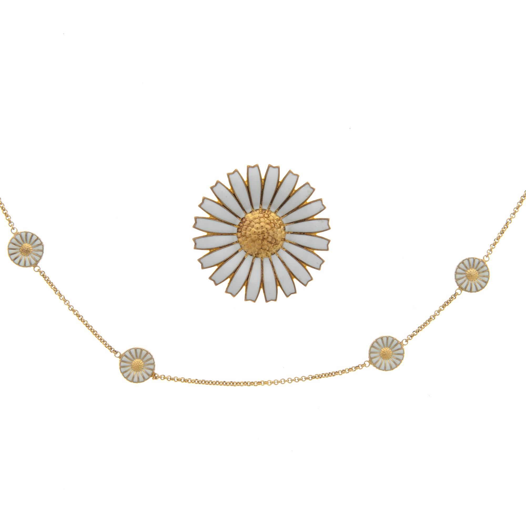GEORG JENSEN, RING and NECKLACE, "Daisy", goldplated silver, white enamel.