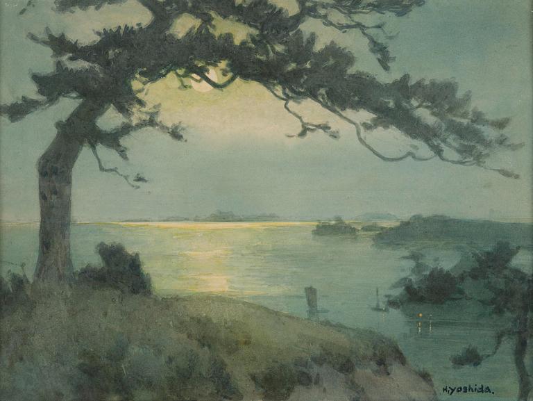 Hiroshi Yoshida, Månlandskap med tall vid kust.