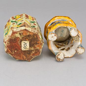 A majolica salt and a tea caddy, part Italian, 18th Century.