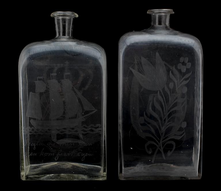 BRÄNNVINSFLASKOR, 2 st, glas, Sverige 1800-tal.