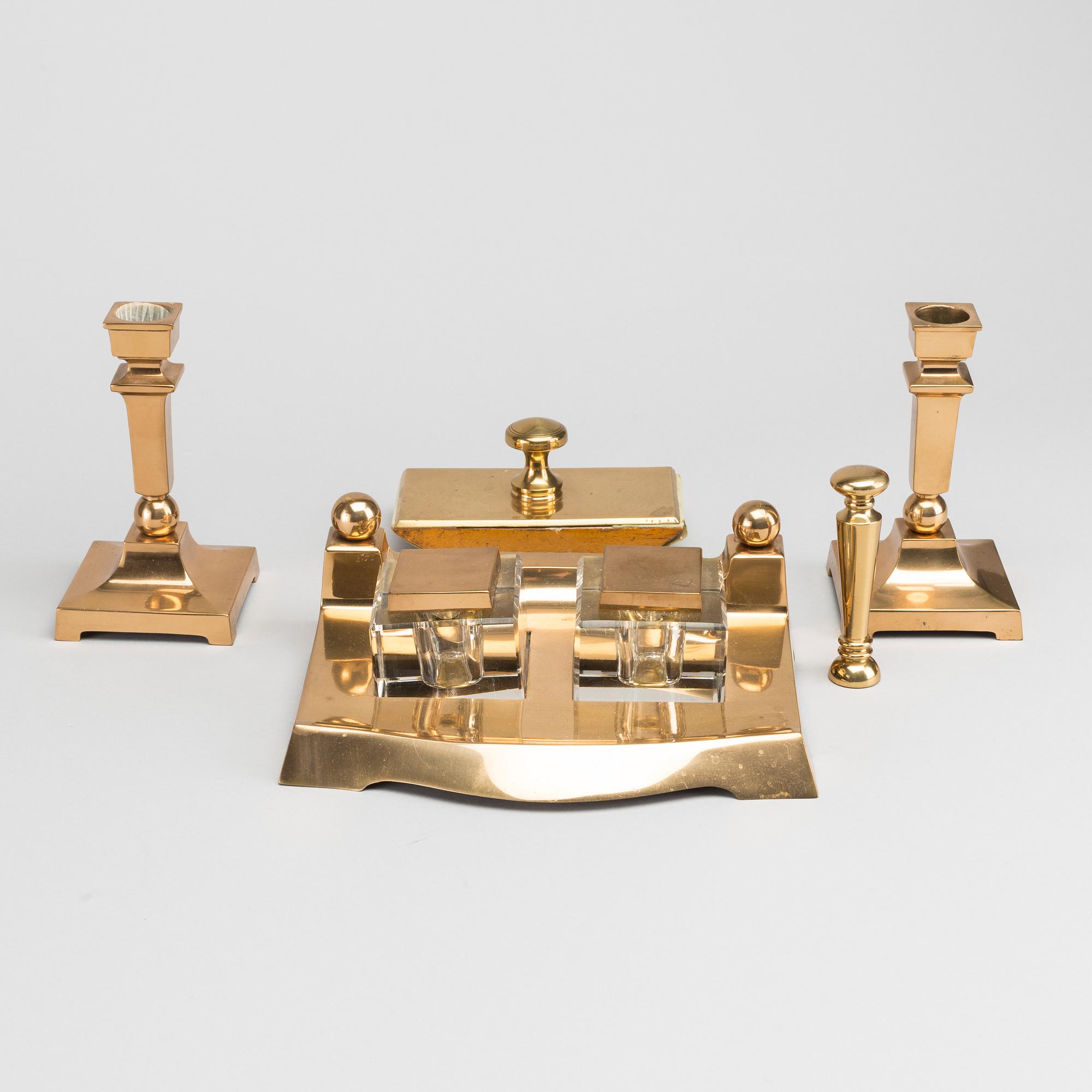 SIX PIECES BRASS INKWELL DESK SET, first half of the 20th century.