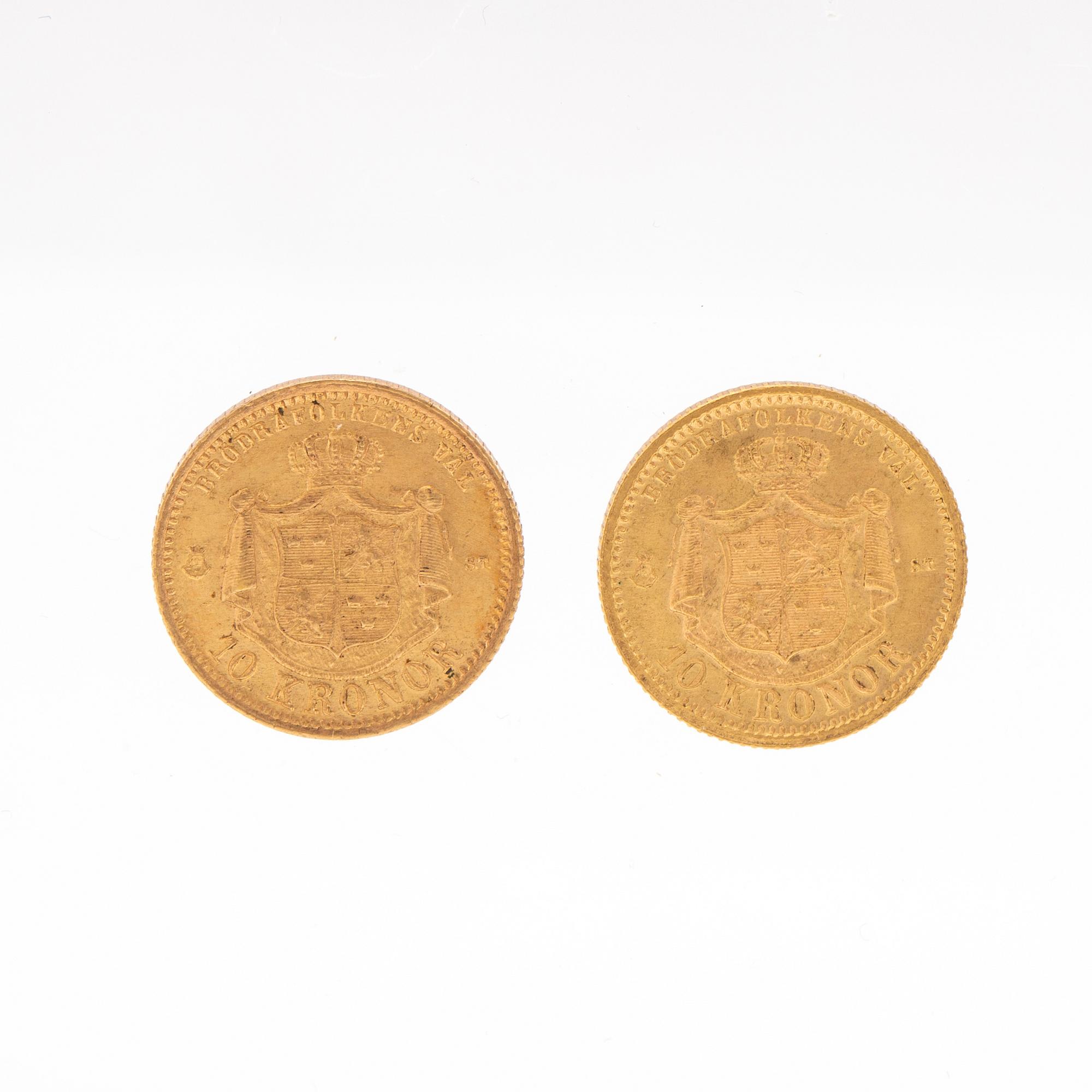 Gold coins 2 pcs 10kr Oscar II, Sweden and Norway 1874.