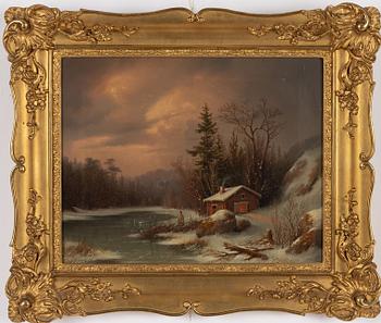 Carl Abraham Rothstén, Winter Landscape with Woman by a Timber Cottage.